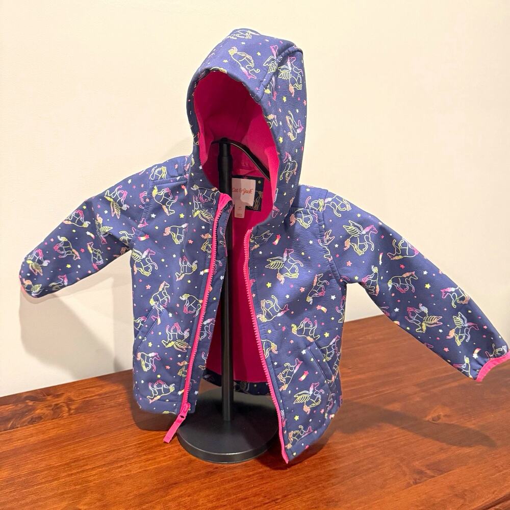 Cat & Jack Girls 4T Unicorn Pegasus Hooded Jacket Pink Fleece Lined Navy